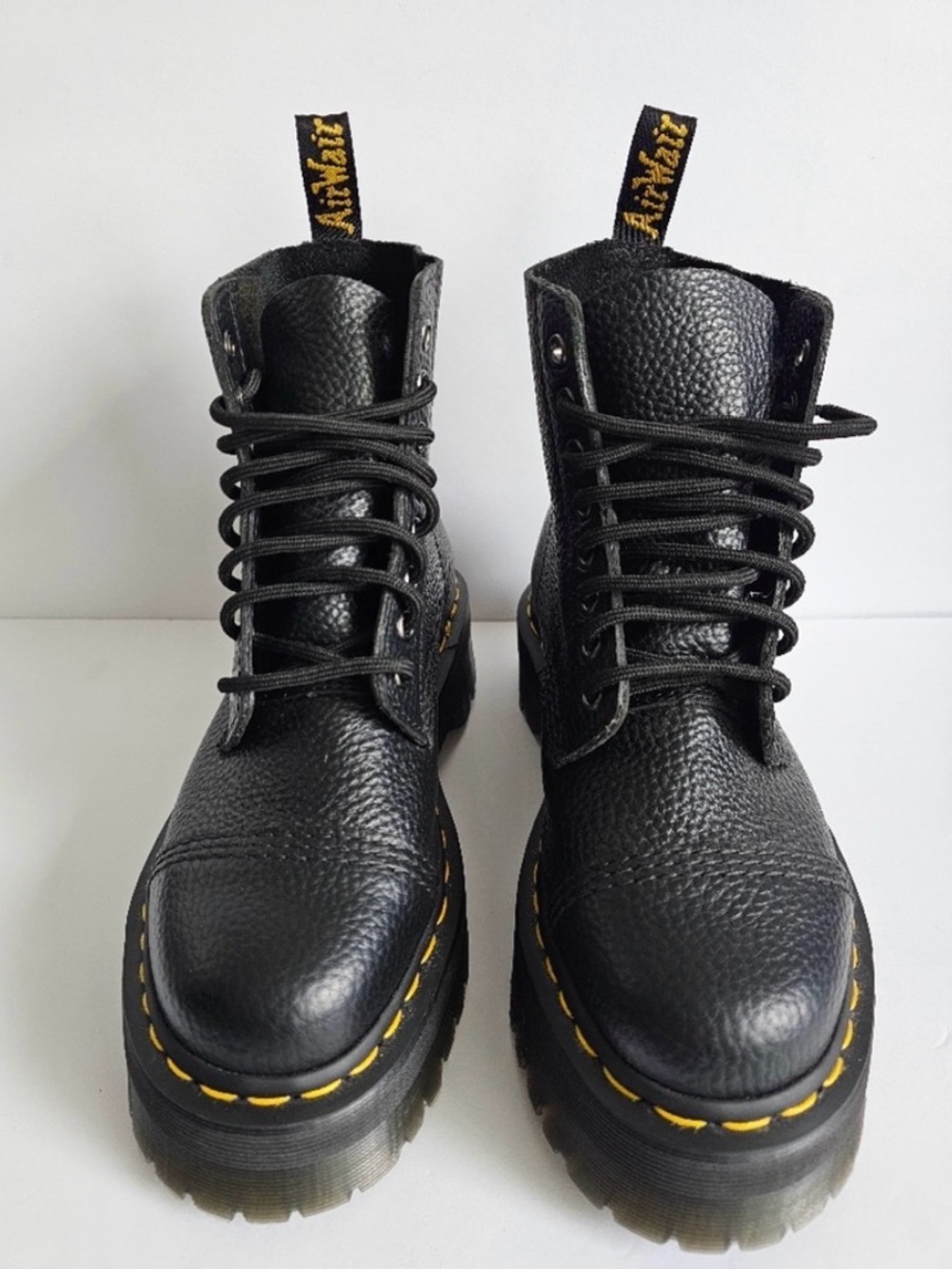 Dr. Marten Sinclair Black Leather LaceUp Platform Boots w/ Yellow Stitching Sz 8